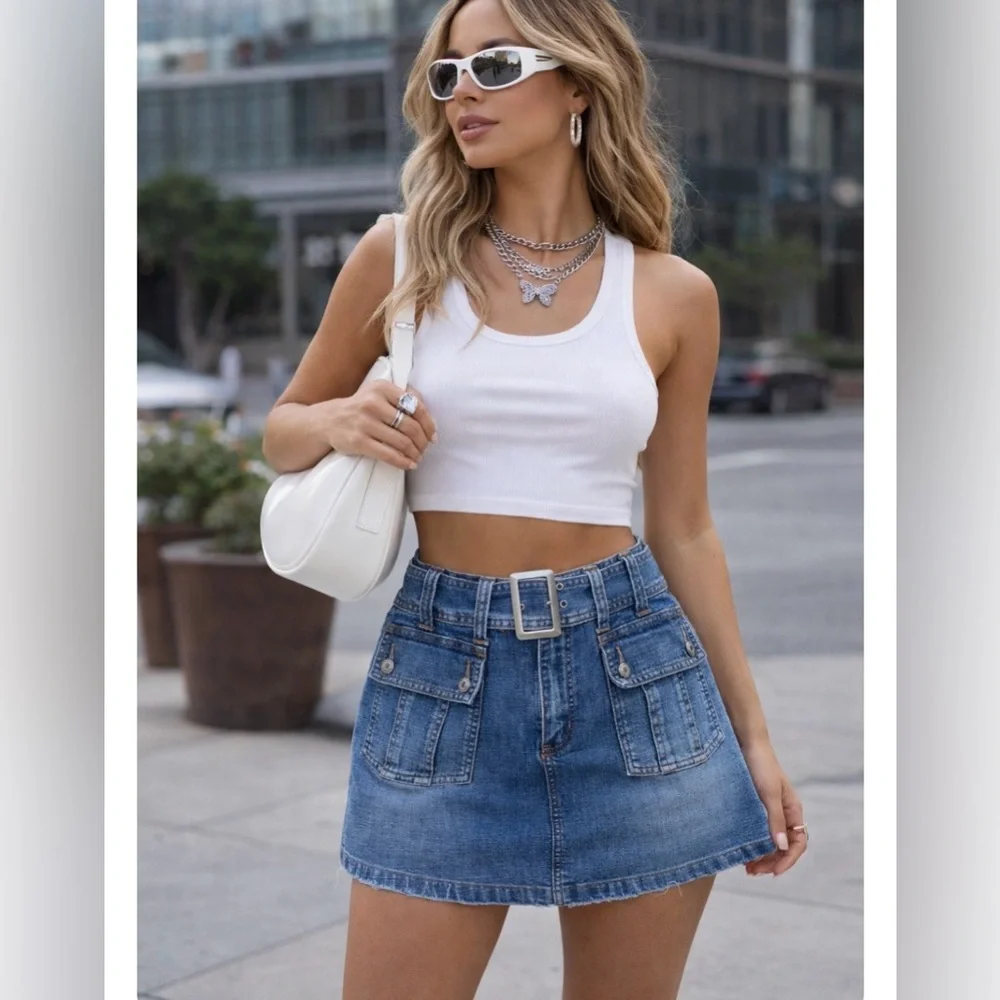 Bailey's Point Denim Belted Mini Skirt Skort Vintage Y2K Women's Size 12 Pockets